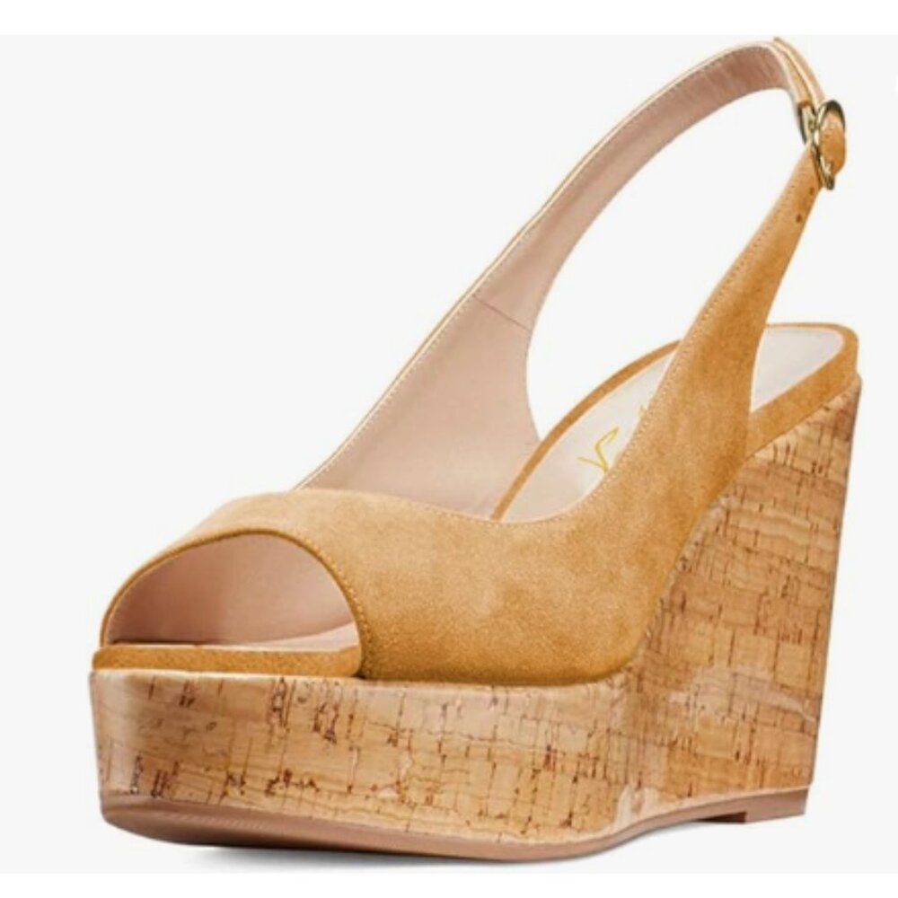 FOWT Khaki Peep Toe Slingback Platform Wedge High Heel Buckle Open Toe Sandals